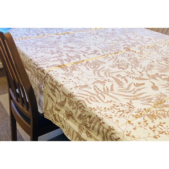 Vintage Tablecloth Rectangle 78 x 51 in Nature Floral Fern Butterfly Tan Beige - Picture 7 of 7